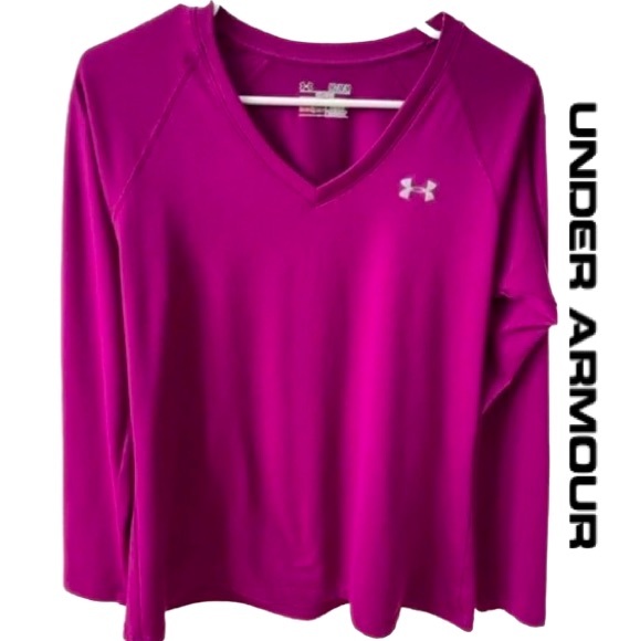 UNDER ARMOUR Women’s Heat Gear Fuchsia V-neck Long Sleeve Athletic Size M - Picture 1 of 4